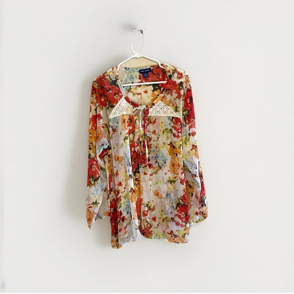 SML SPORT Floral Lace Sheer Tie Neck Tunic Blouse XXL Long Sleeve Polyester